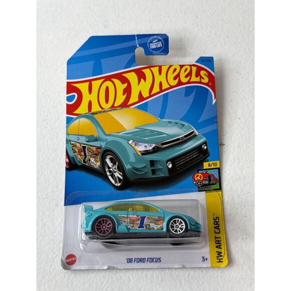 Hot Wheels '08 Ford Focus Art Cars Blue Graphic Yellow Windows 2021 Diecast - Picture 1 of 9